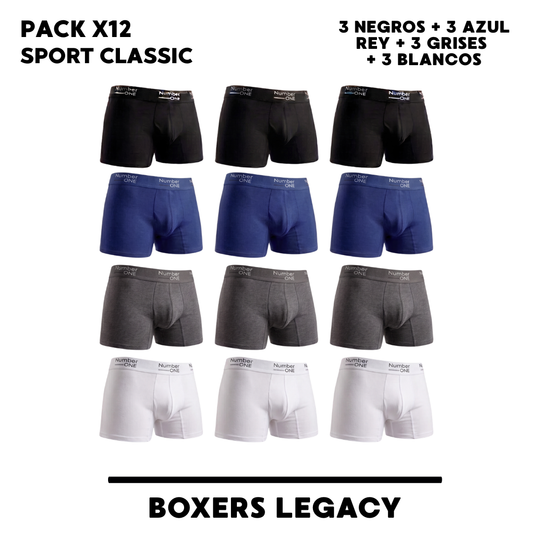 Pack x12 Sport Classic - 3 Negros + 3 Azul Rey + 3 Grises + 3 Blancos